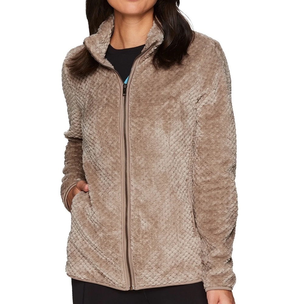 Calvin Klein Woman’s Medium Fleece Quilted Full Zip Tan Teddy Jacket Gold Zipper